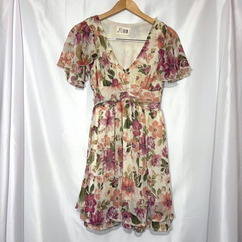 Just Found Floral Metallic Chiffon Flutter Sleeve Mini‎ Dress Pink Small